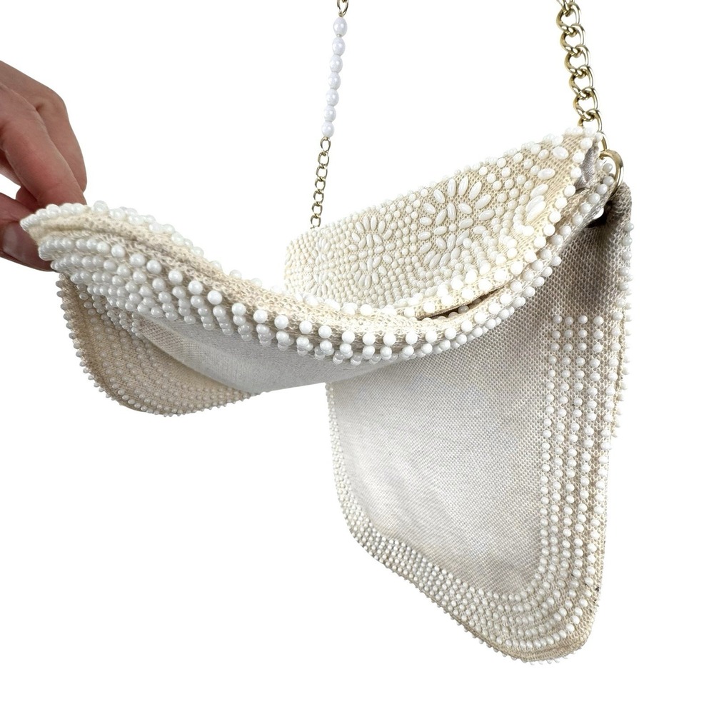 VTG Beaded Purse Ivory Gold Shoulder Chain Evening Retro Elegant Formal 50s 60s - Picture 8 of 16